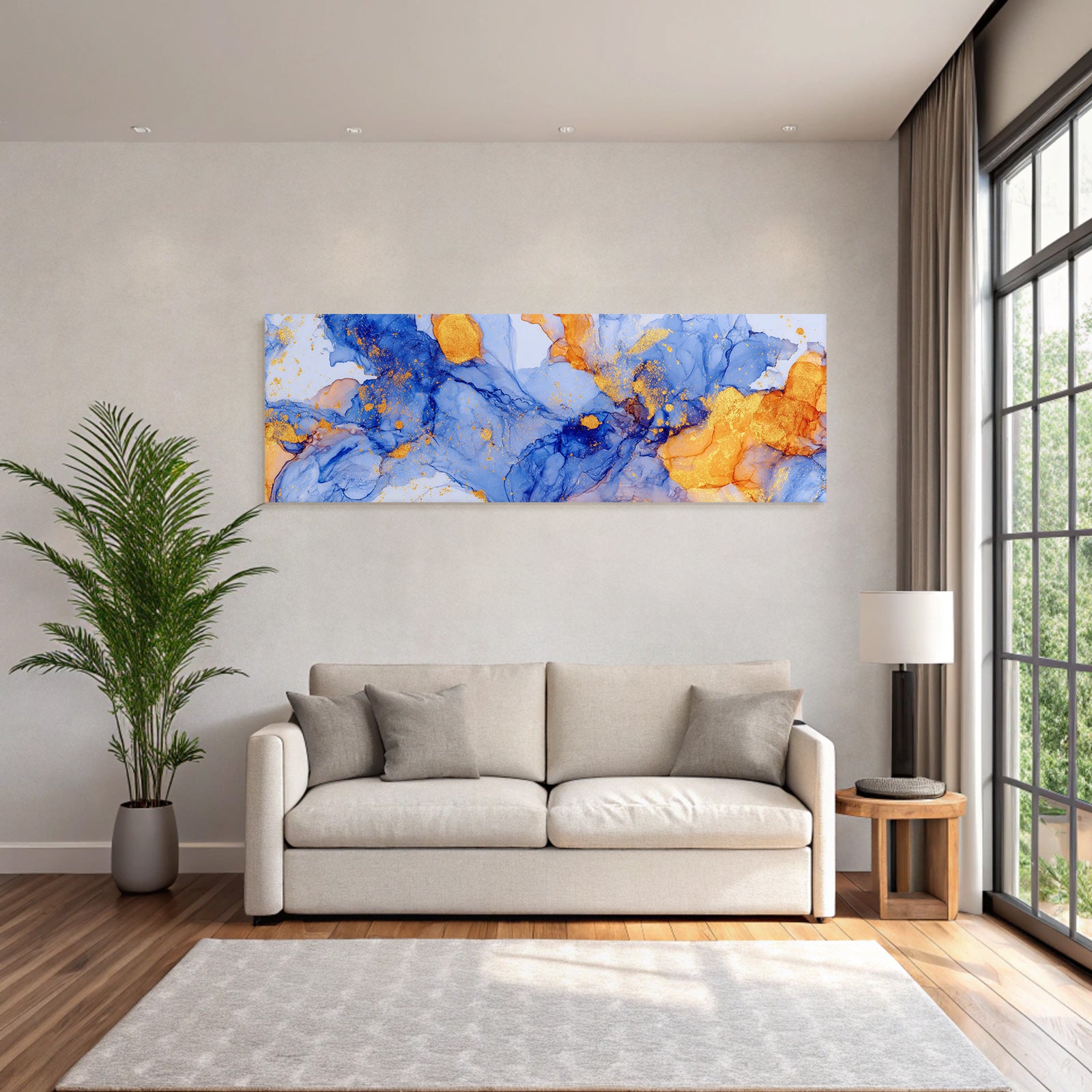 Flüssige Kunst Vibrantes Blau Orange Mit Goldakzenten