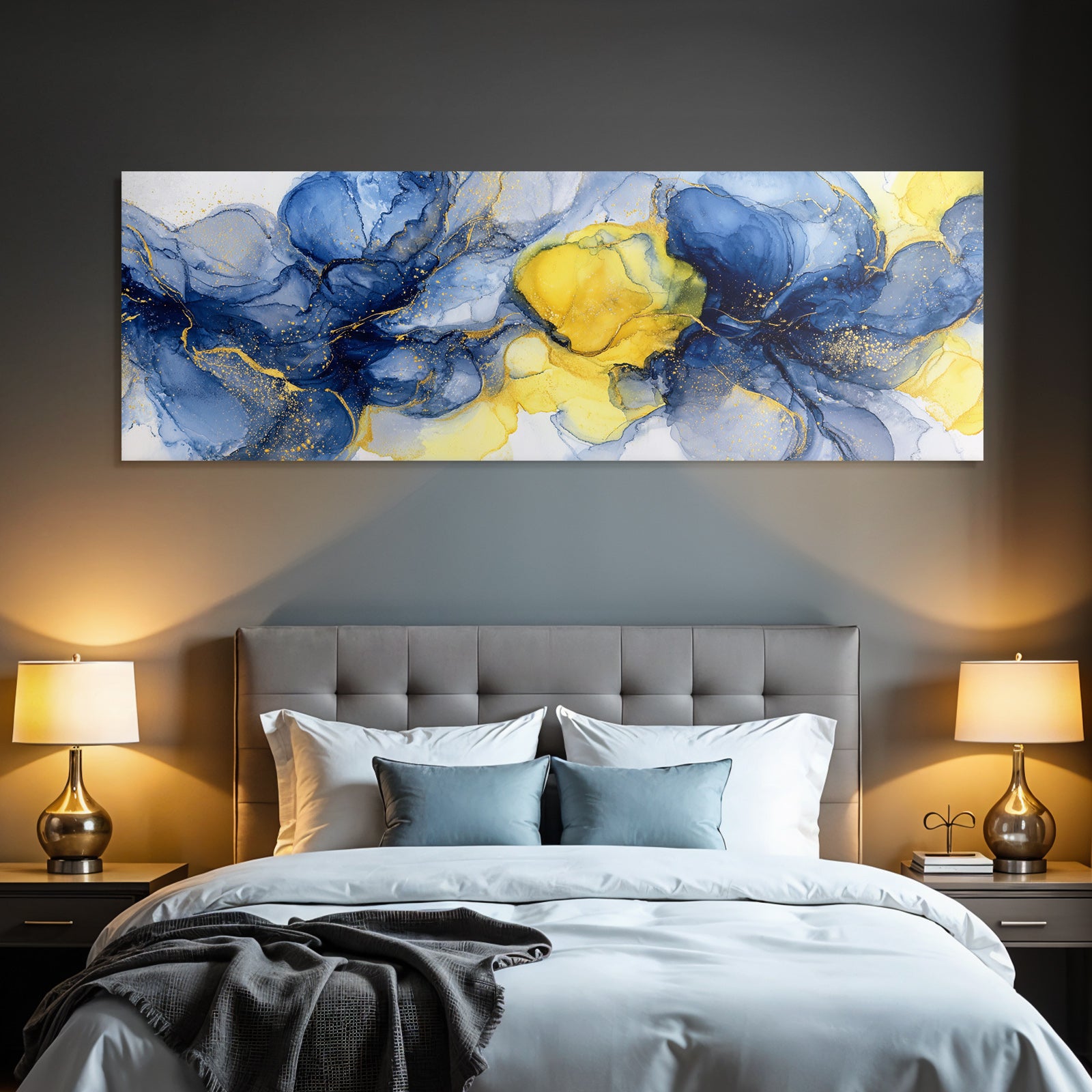 Fluid Art Design Mit Tiefblau Gelb Und Goldakzenten