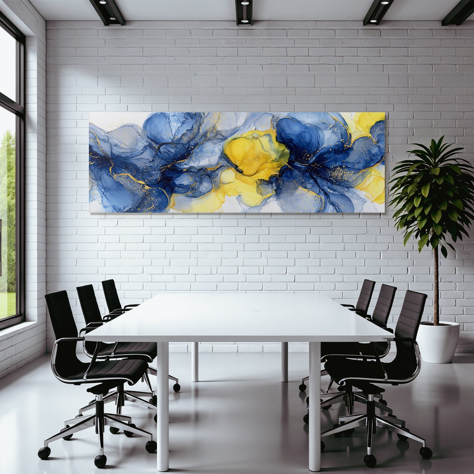 Fluid Art Design Mit Tiefblau Gelb Und Goldakzenten