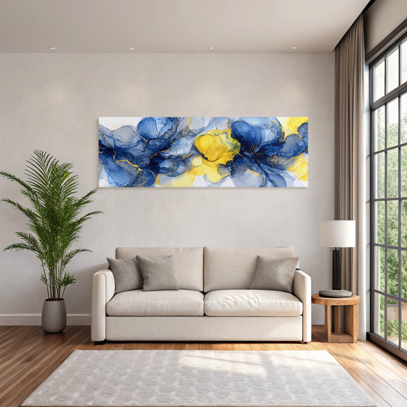 Fluid Art Design Mit Tiefblau Gelb Und Goldakzenten