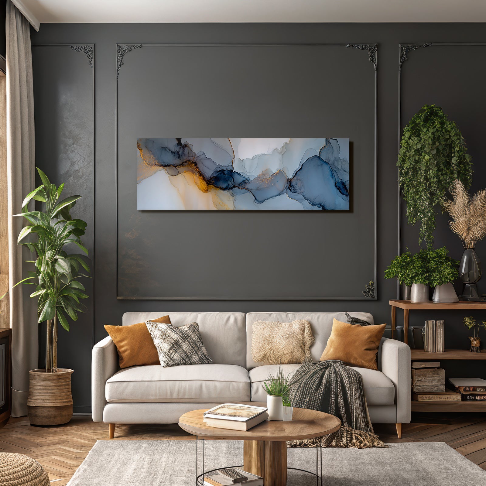 Fluid Painting Blue Grey With Gold Accents