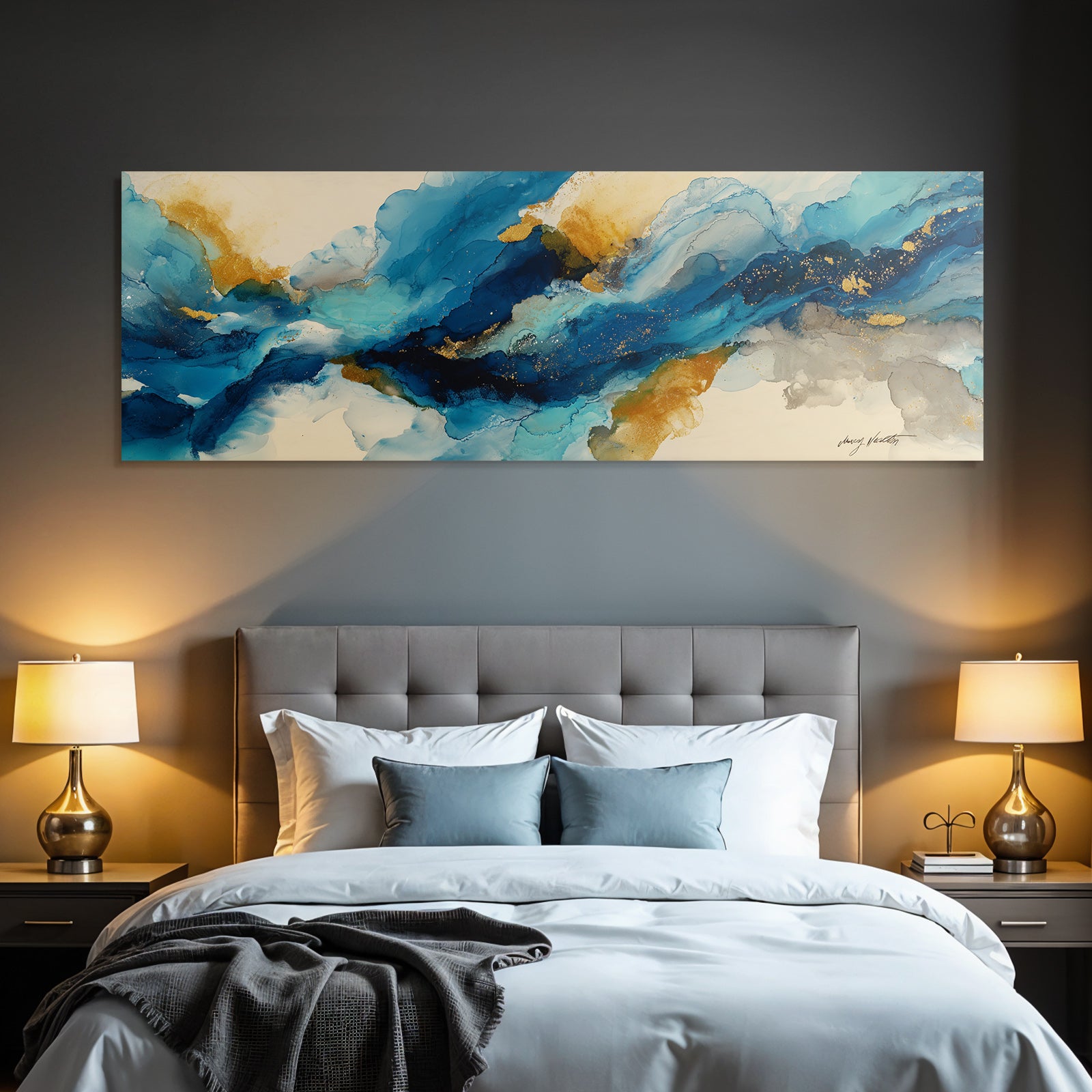Kunst Blau Gold Grau Flussende Pinselstriche