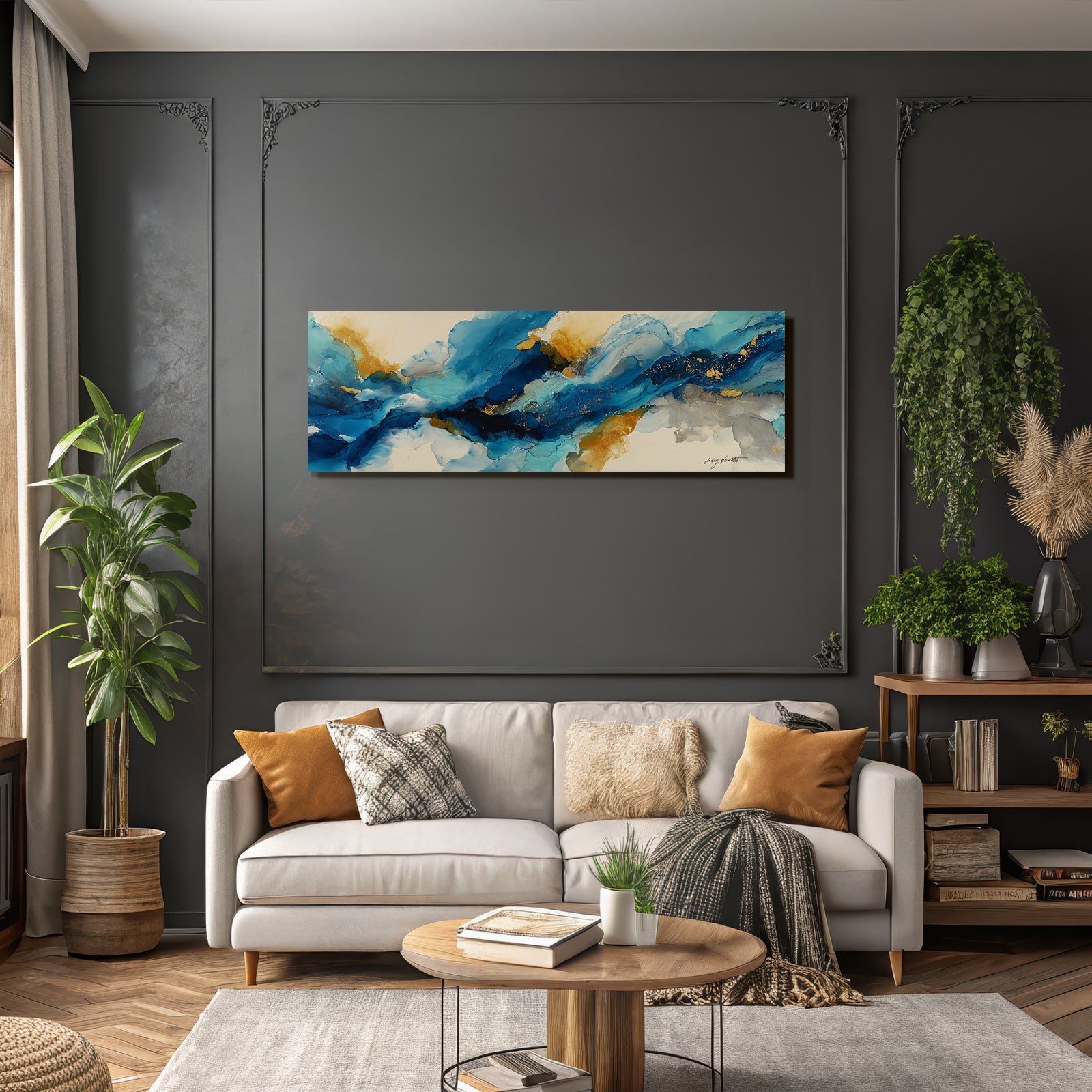 Kunst Blau Gold Grau Flussende Pinselstriche