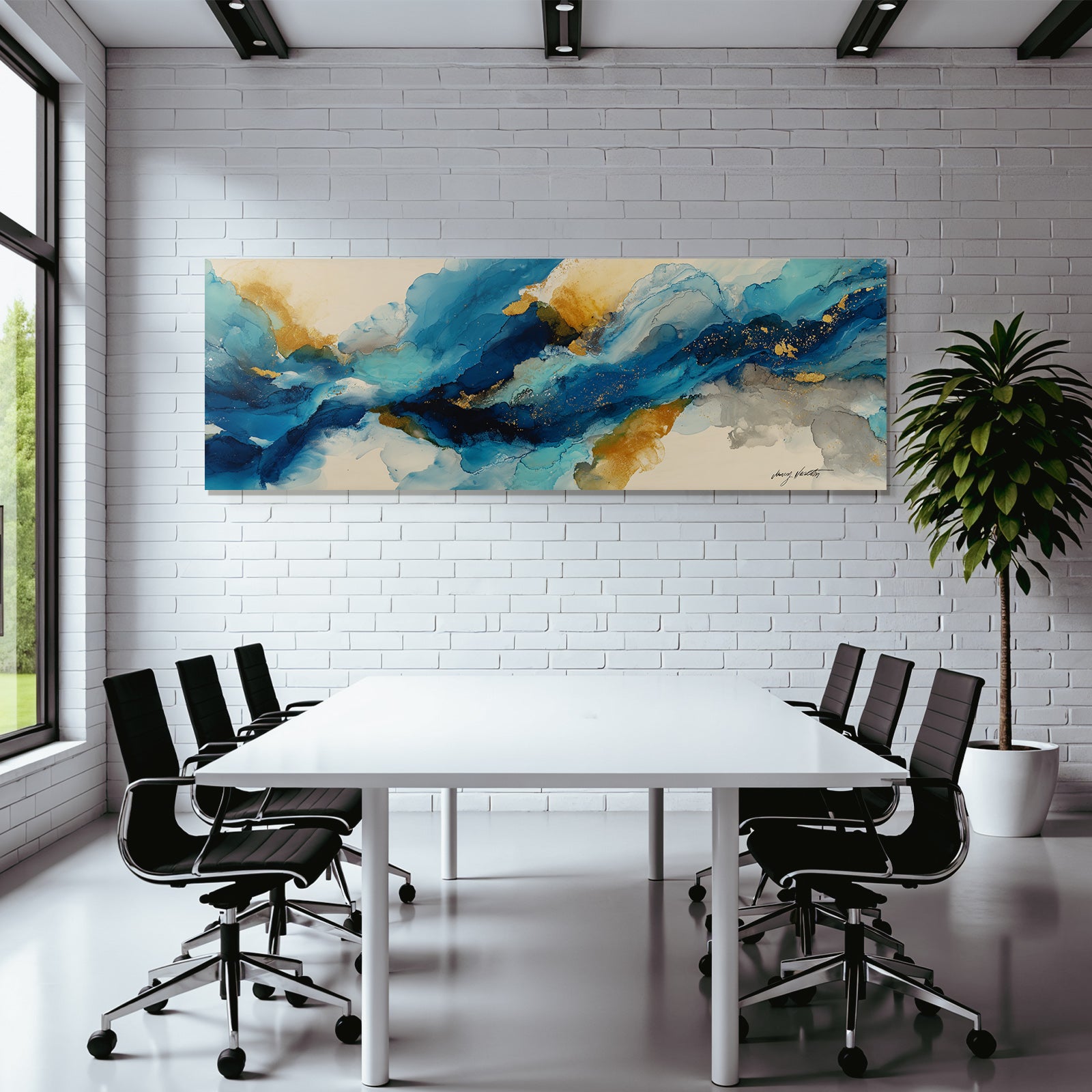 Kunst Blau Gold Grau Flussende Pinselstriche