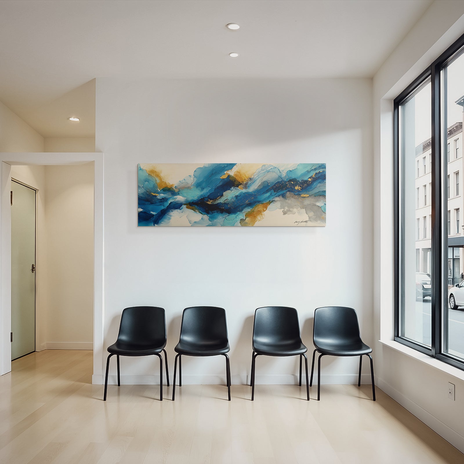 Kunst Blau Gold Grau Flussende Pinselstriche