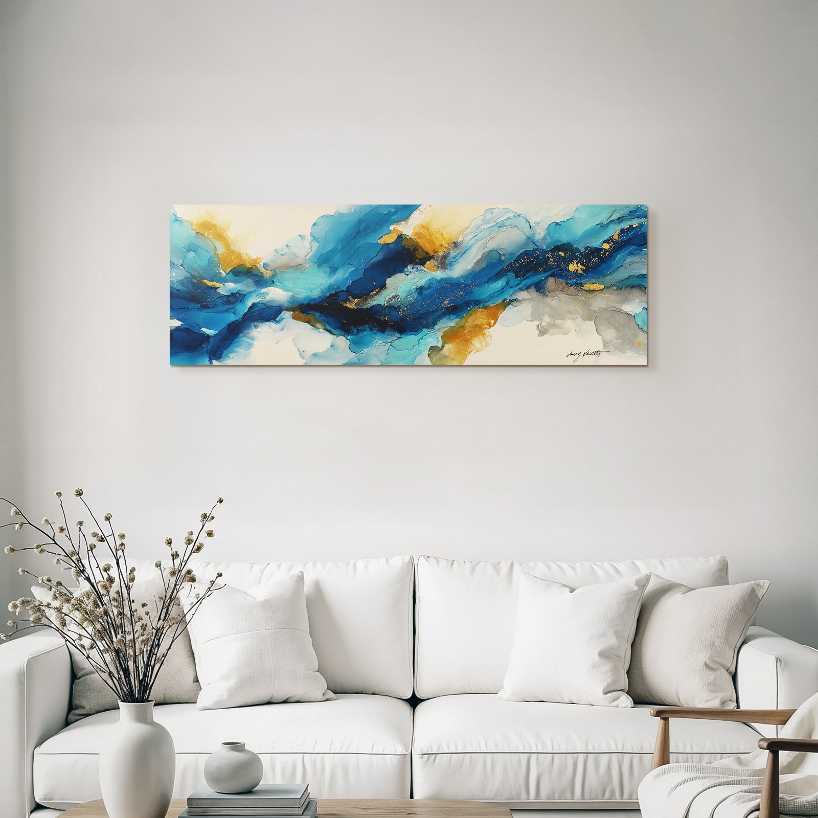 Kunst Blau Gold Grau Flussende Pinselstriche