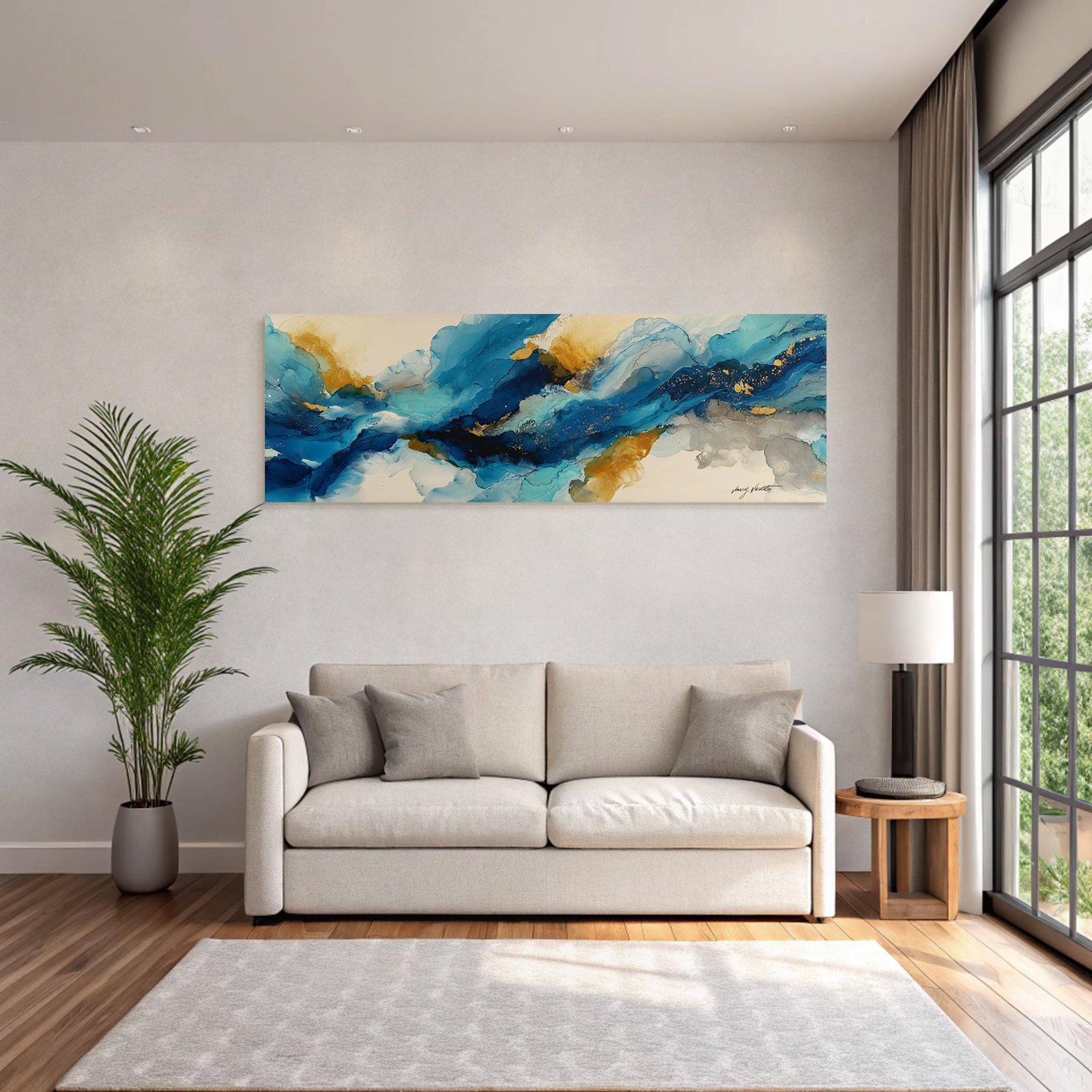 Kunst Blau Gold Grau Flussende Pinselstriche