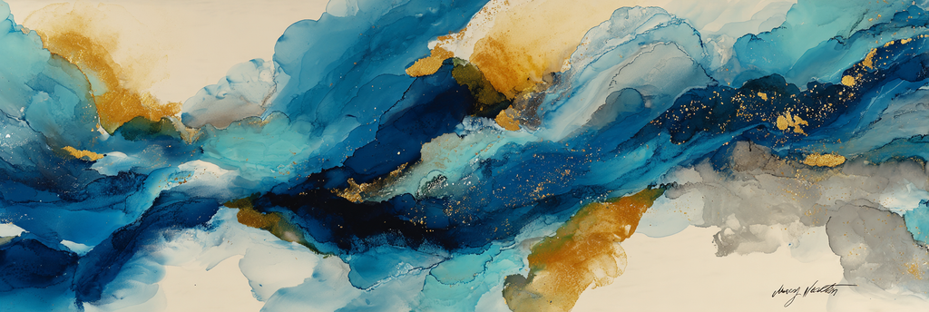 Kunst Blau Gold Grau Flussende Pinselstriche | Abstrakt | Stilrichtungen