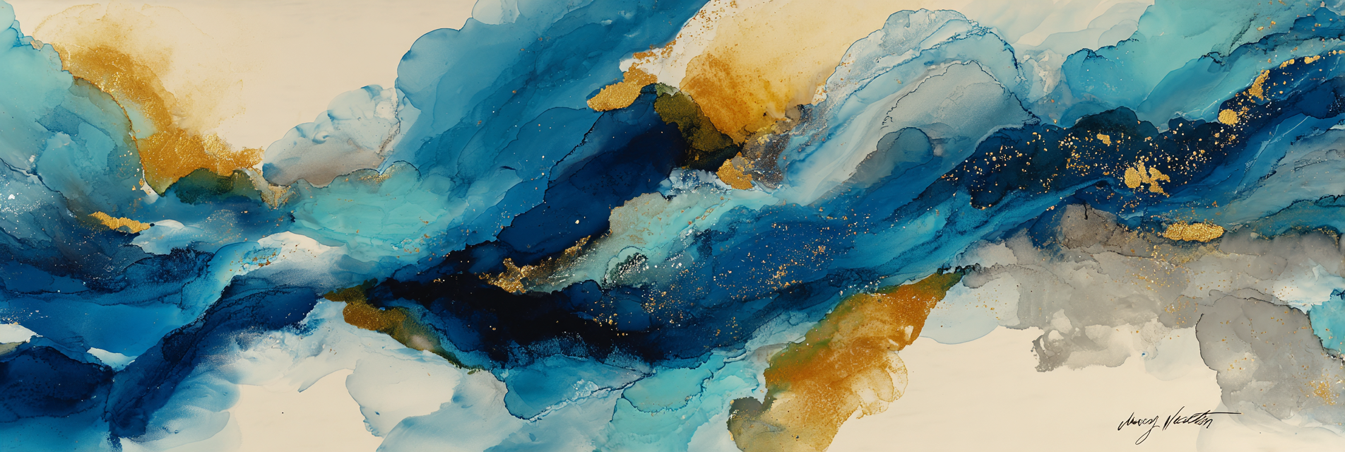 Kunst Blau Gold Grau Flussende Pinselstriche | Abstrakt | Stilrichtungen