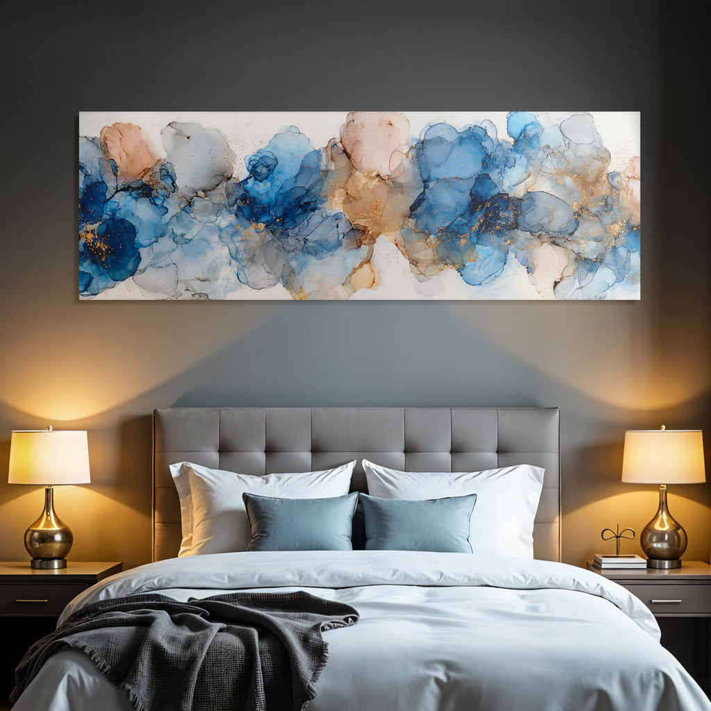 Kunst Fliessende Linien Blautone Rosenrosa Goldakzente