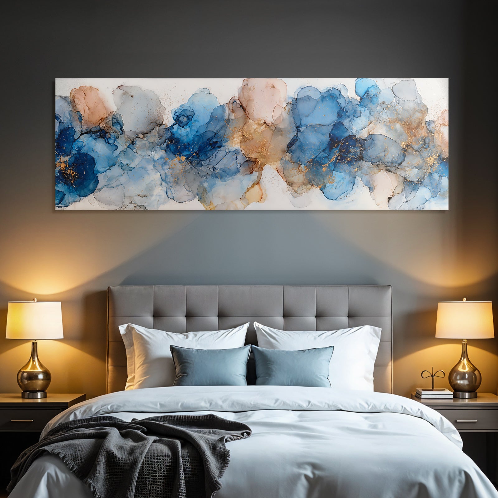 Kunst Fliessende Linien Blautone Rosenrosa Goldakzente