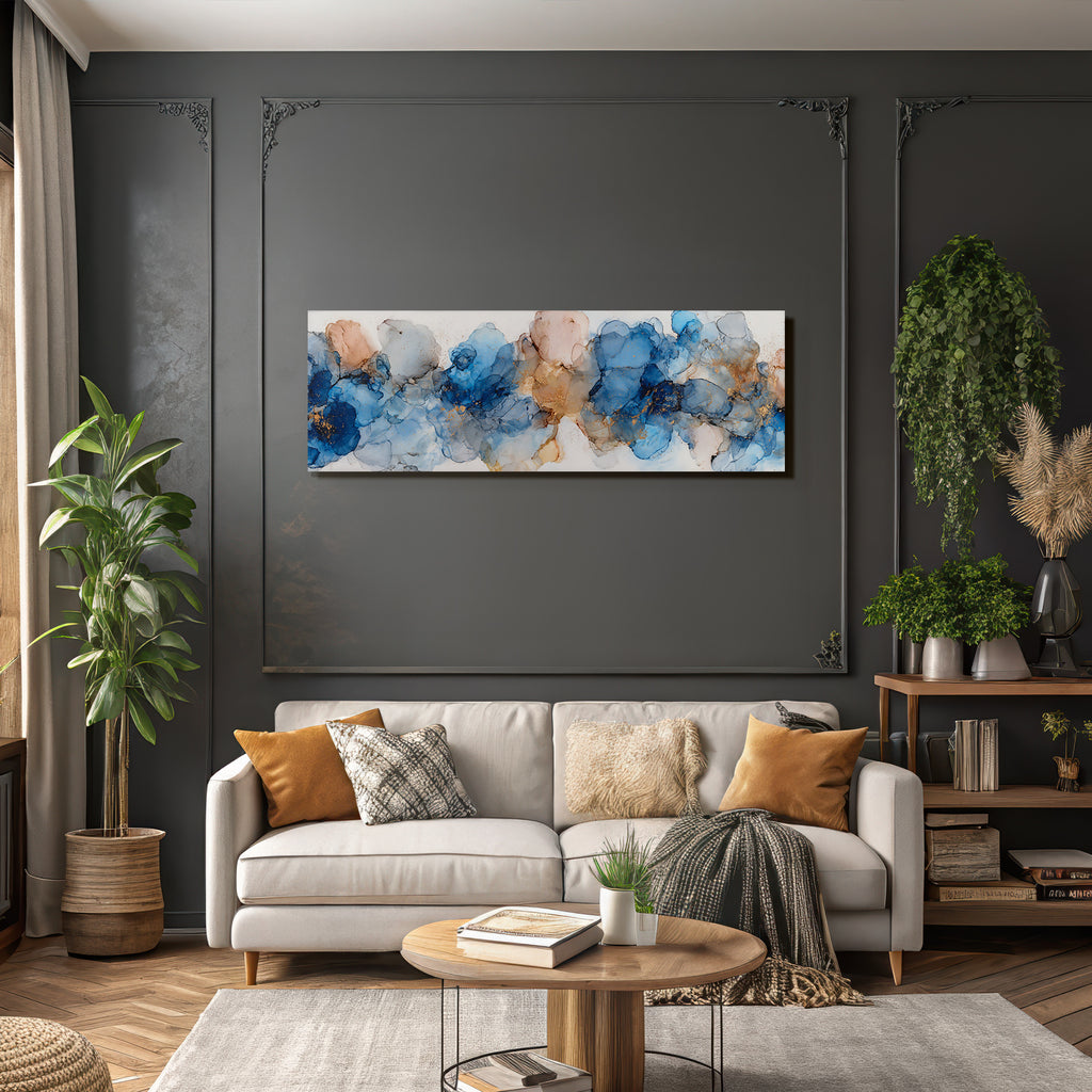 Kunst Fliessende Linien Blautone Rosenrosa Goldakzente