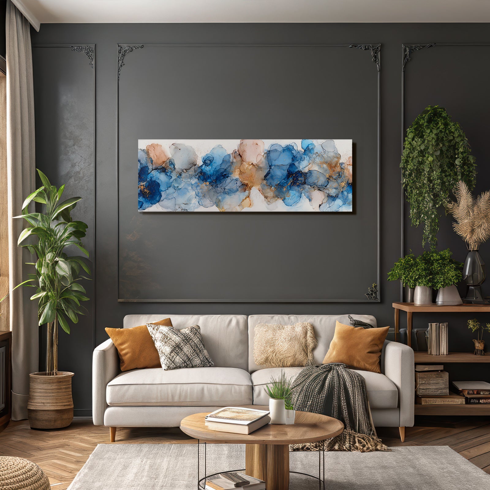 Kunst Fliessende Linien Blautone Rosenrosa Goldakzente