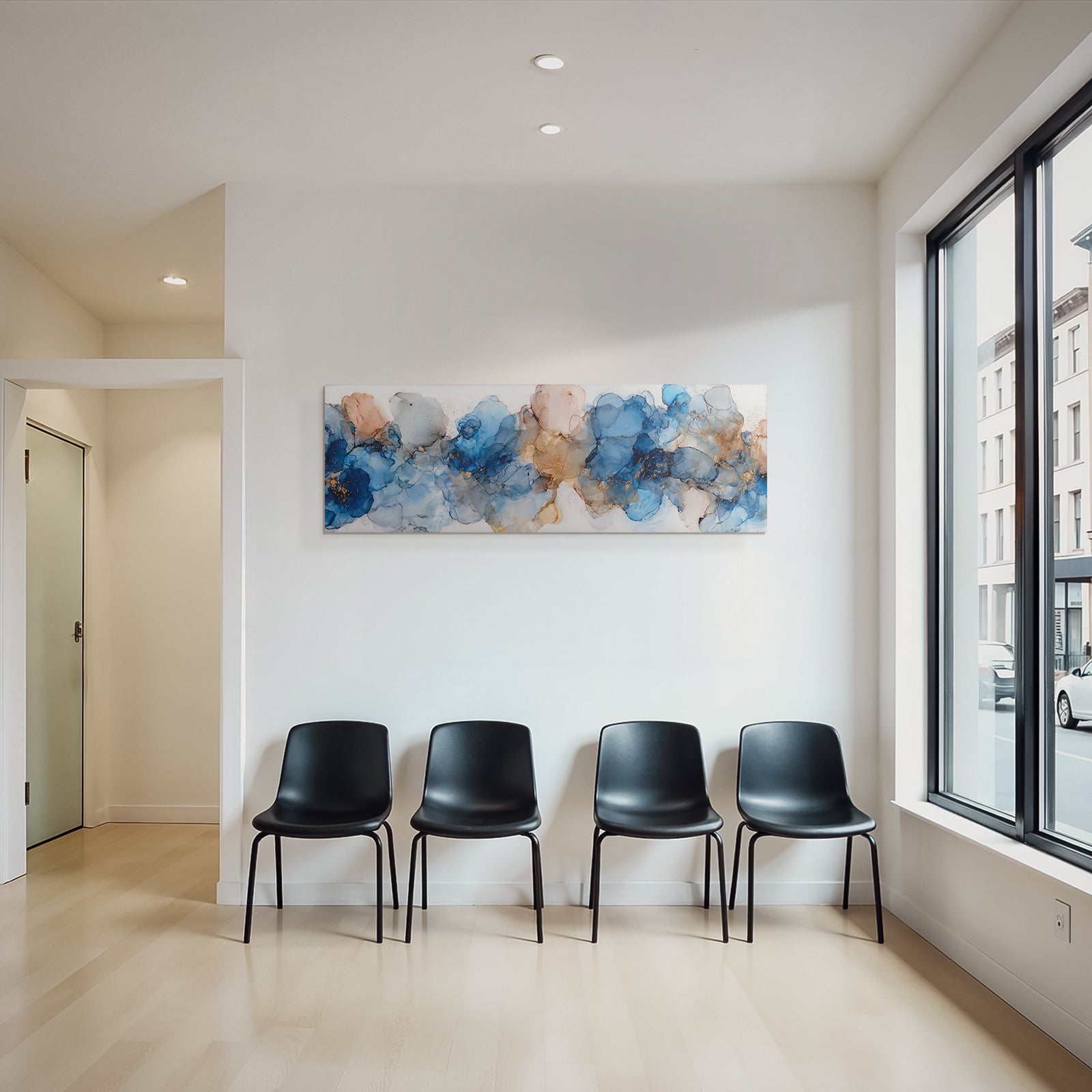 Kunst Fliessende Linien Blautone Rosenrosa Goldakzente