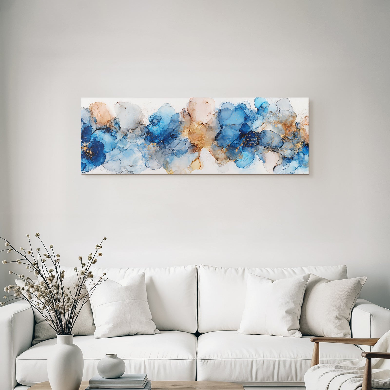 Kunst Fliessende Linien Blautone Rosenrosa Goldakzente