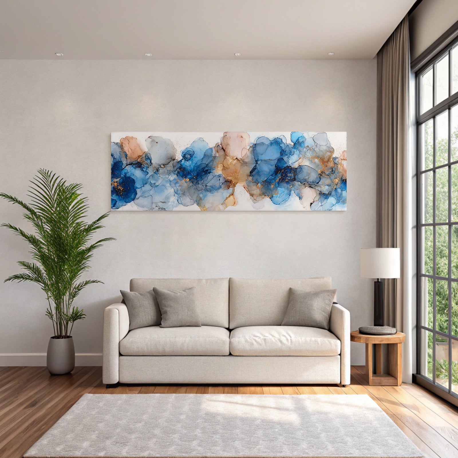 Kunst Fliessende Linien Blautone Rosenrosa Goldakzente