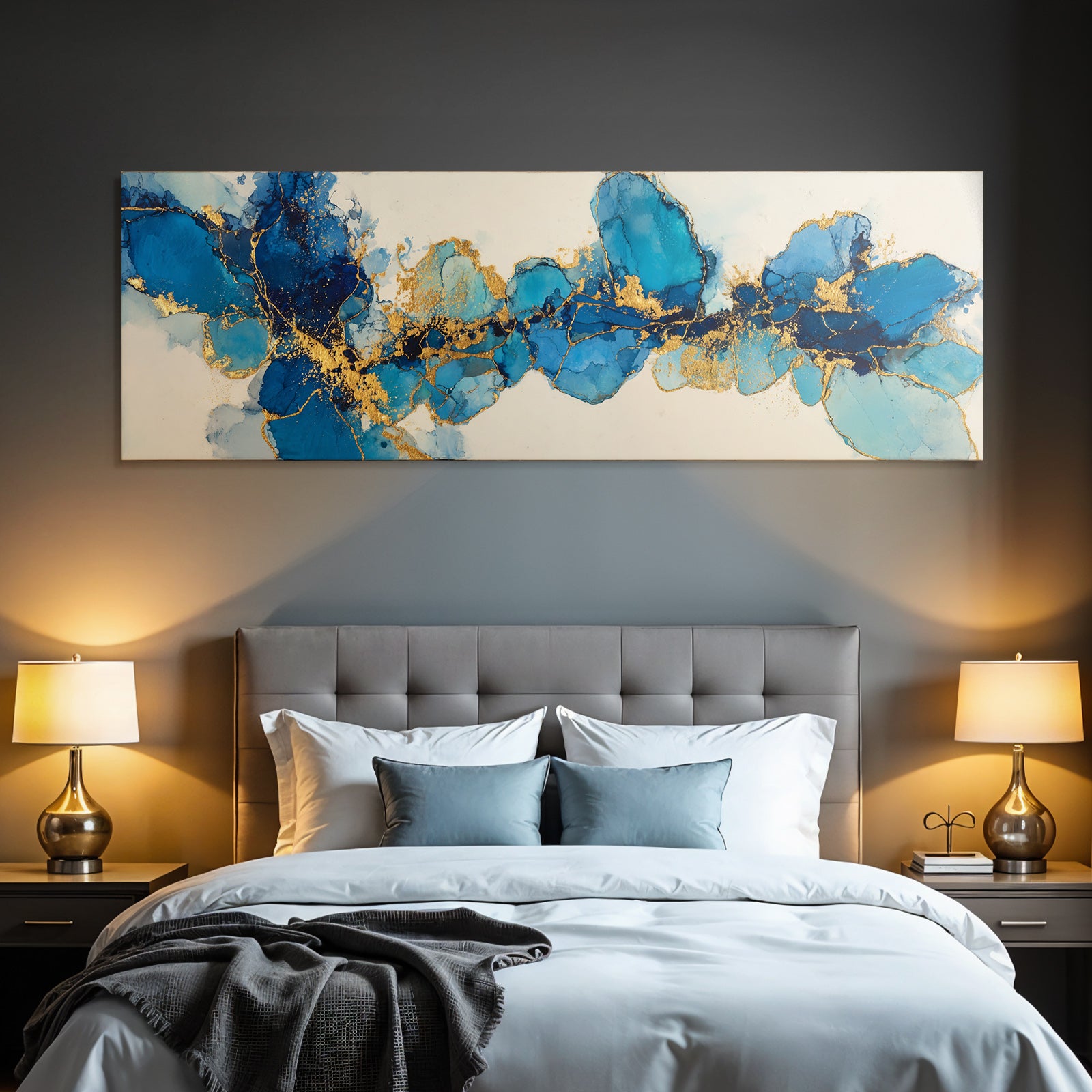 Kunst Mit Blaün Farbtönen Und Goldenen Akzenten