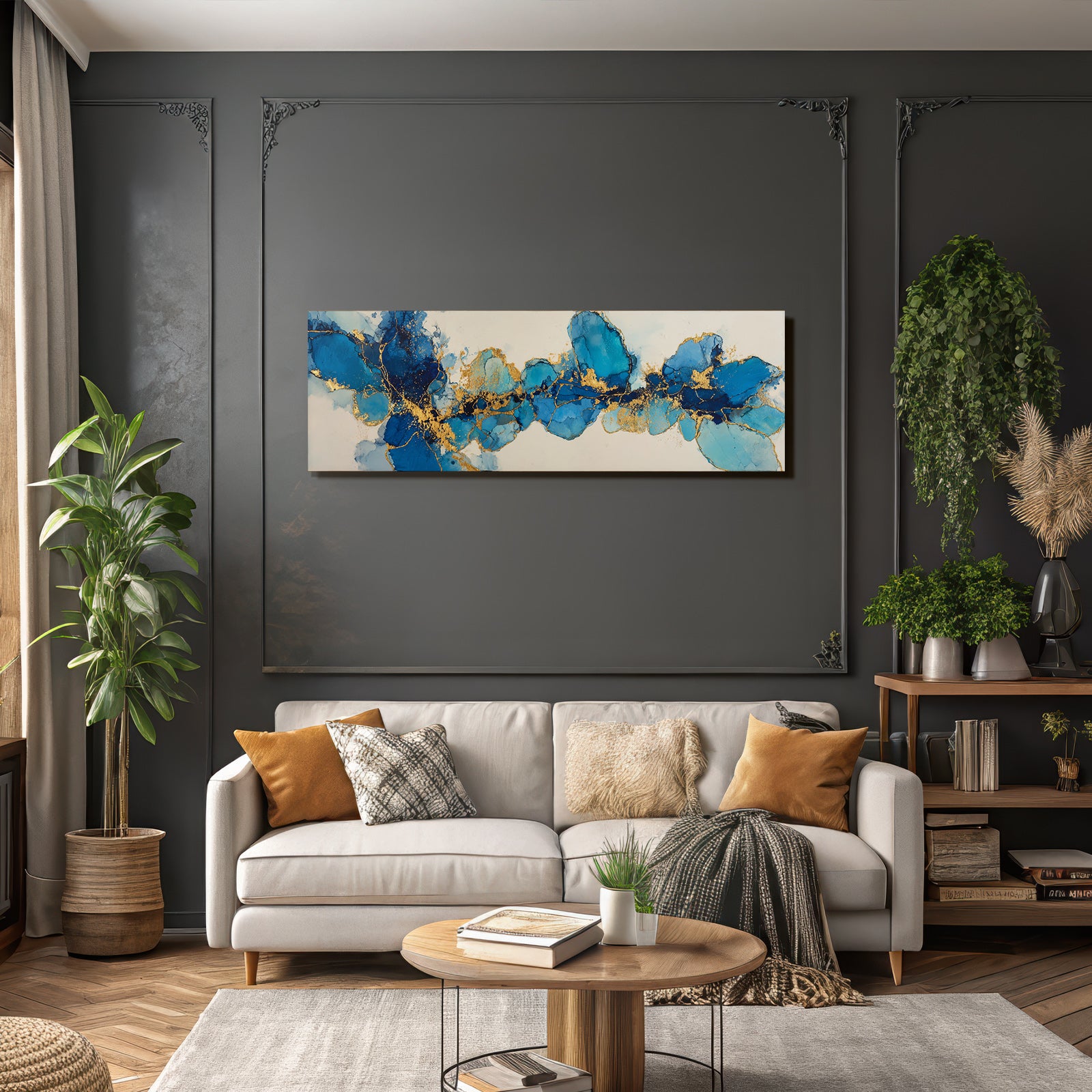Kunst Mit Blaün Farbtönen Und Goldenen Akzenten