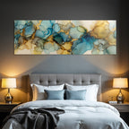 Artwork in blue turquoise with gold and brown accents