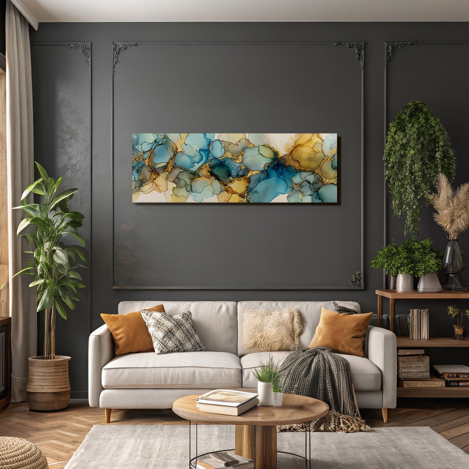 Kunstwerk In Blau Türkis Mit Gold Und Braunen Akzenten