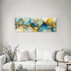 Artwork in blue turquoise with gold and brown accents