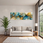 Artwork in blue turquoise with gold and brown accents