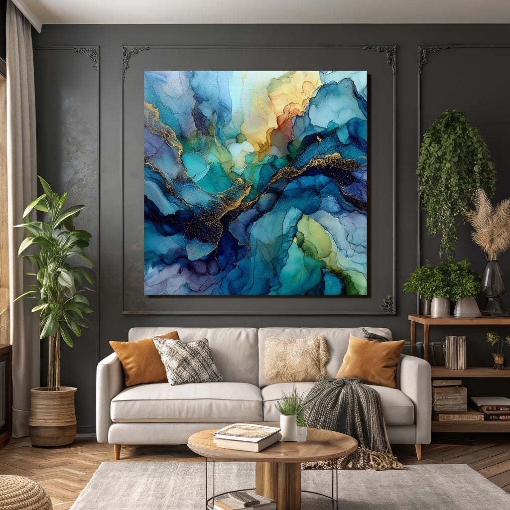 Design Fliessende Farben Blau Türkis Grün Gold
