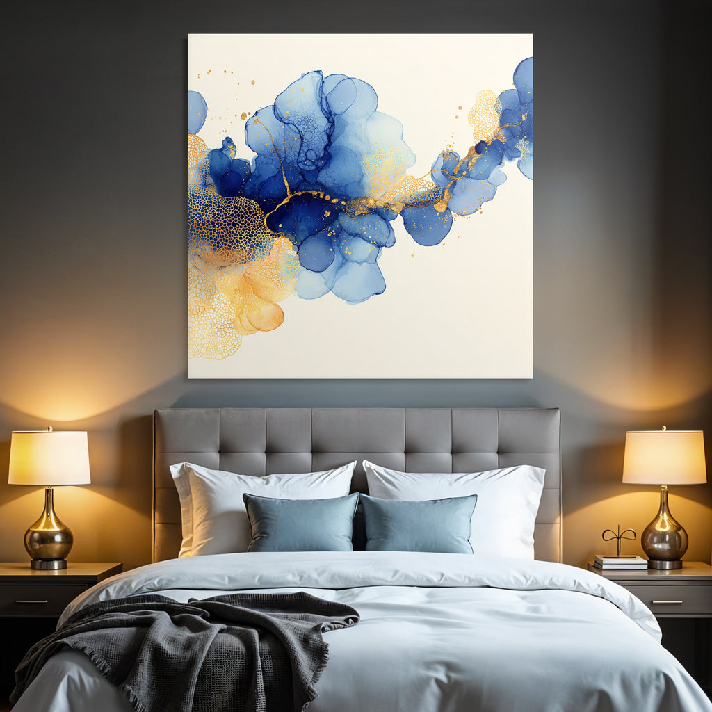 Flowing shapes in blue, gold and peach evoke calm and beauty