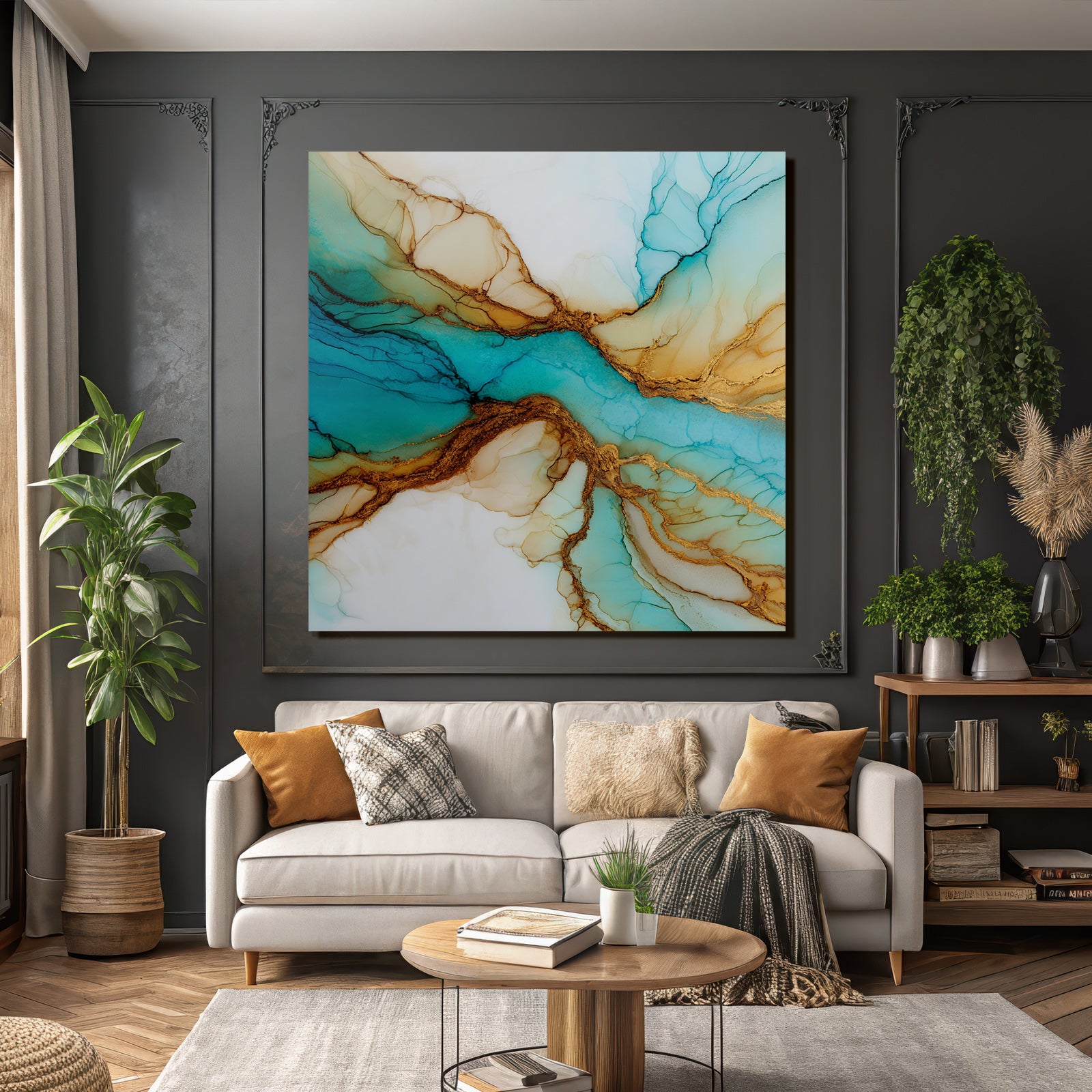 Flüssige Farbenkunst In Turquoise Teal Und Gold