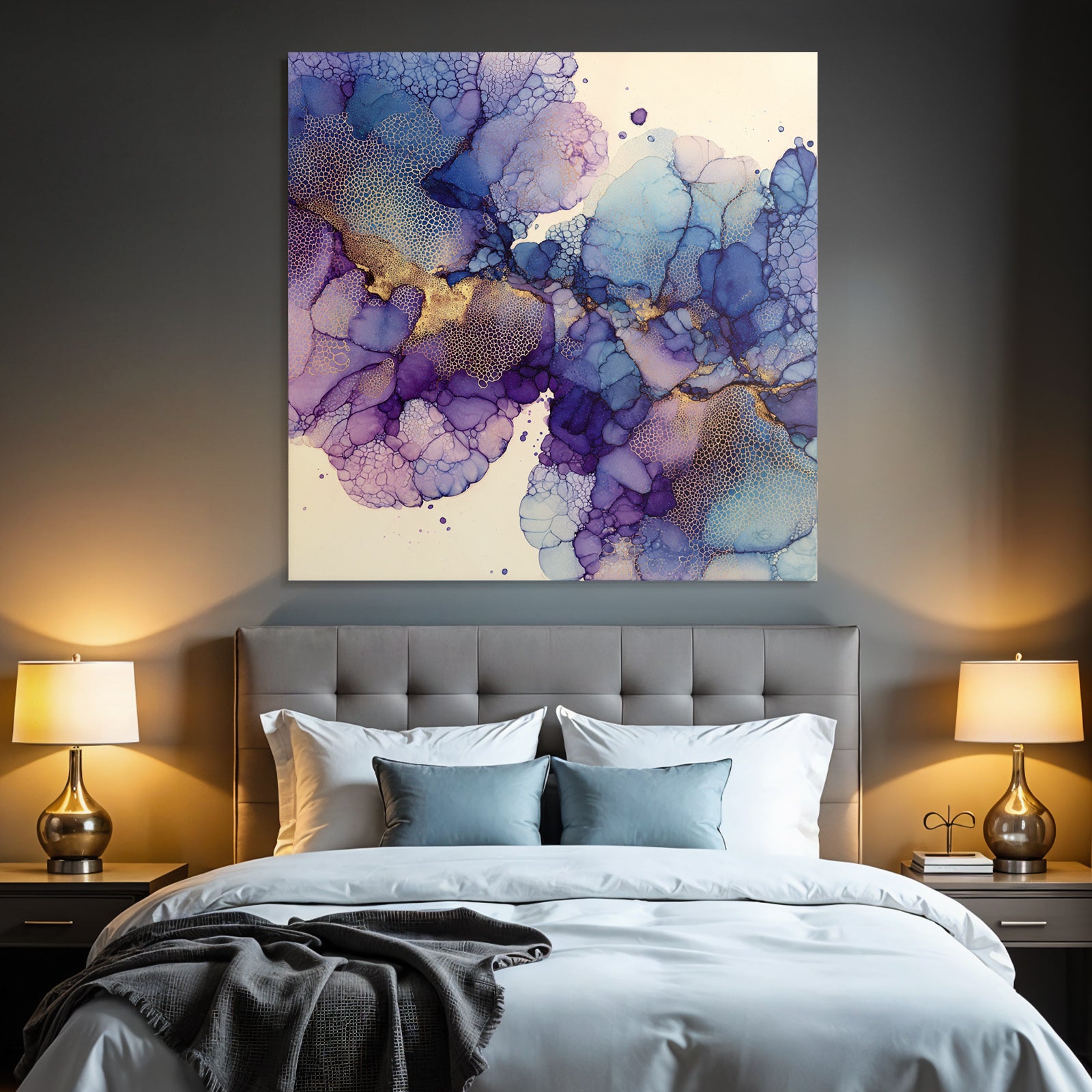 Flüssige Kunst Mit Violett Blau Und Gold
