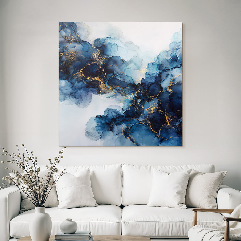 Flüssige Kunst Mit Wirbelnden Blauschattierungen Und Goldakzenten
