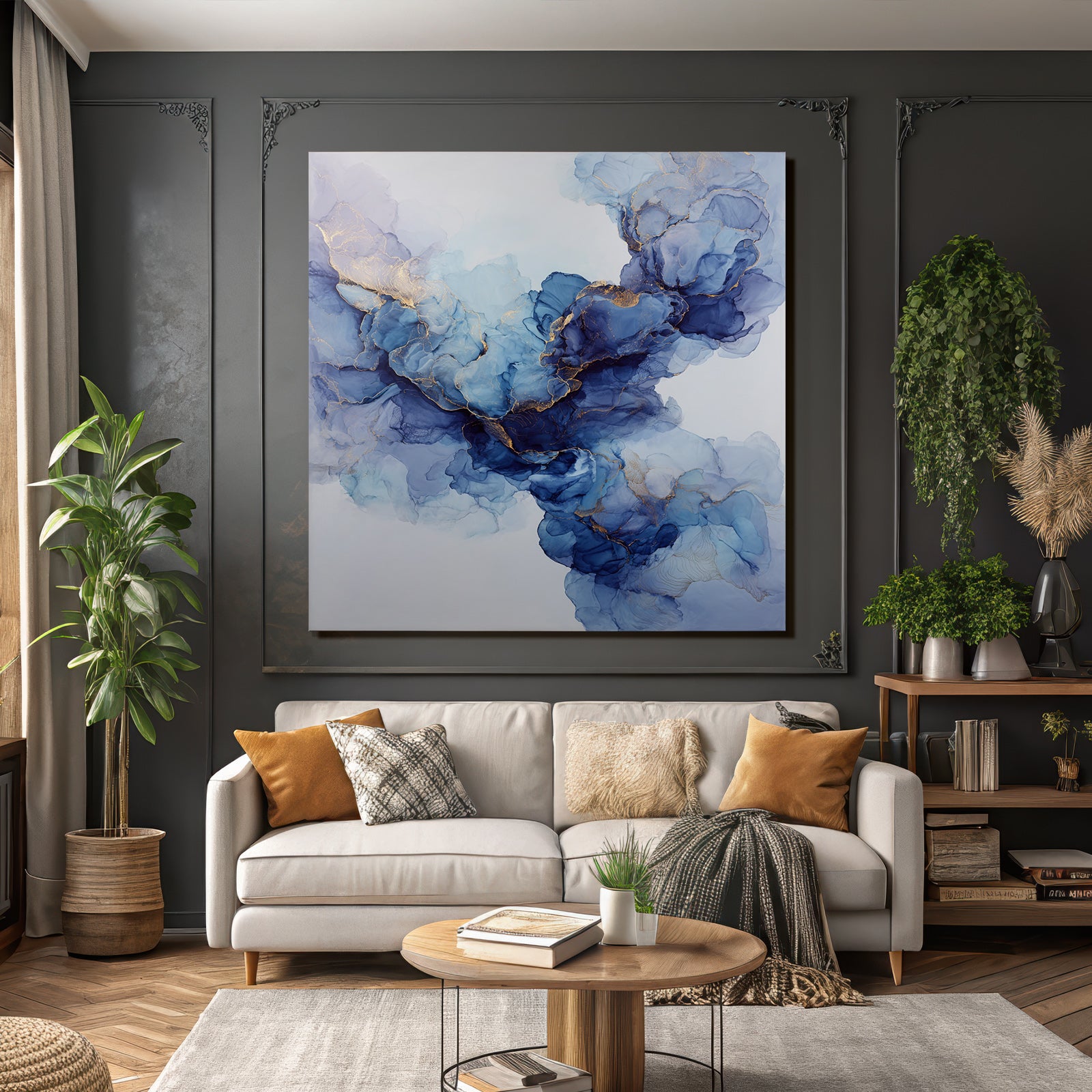 Flüssiges Gemälde In Blau Mit Gold Akzenten