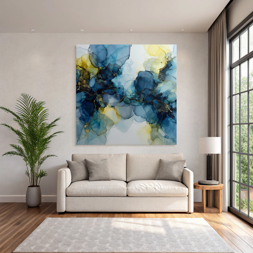 Fluid Art Kunstwerk Mit Blau Teal Gold Gelb