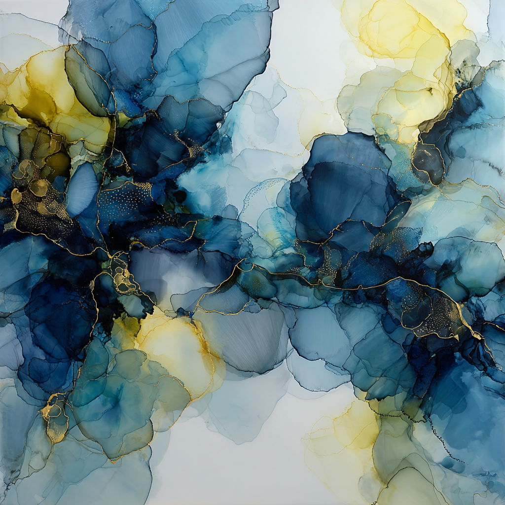 Fluid Art Kunstwerk Mit Blau Teal Gold Gelb | Abstrakt | Stilrichtungen