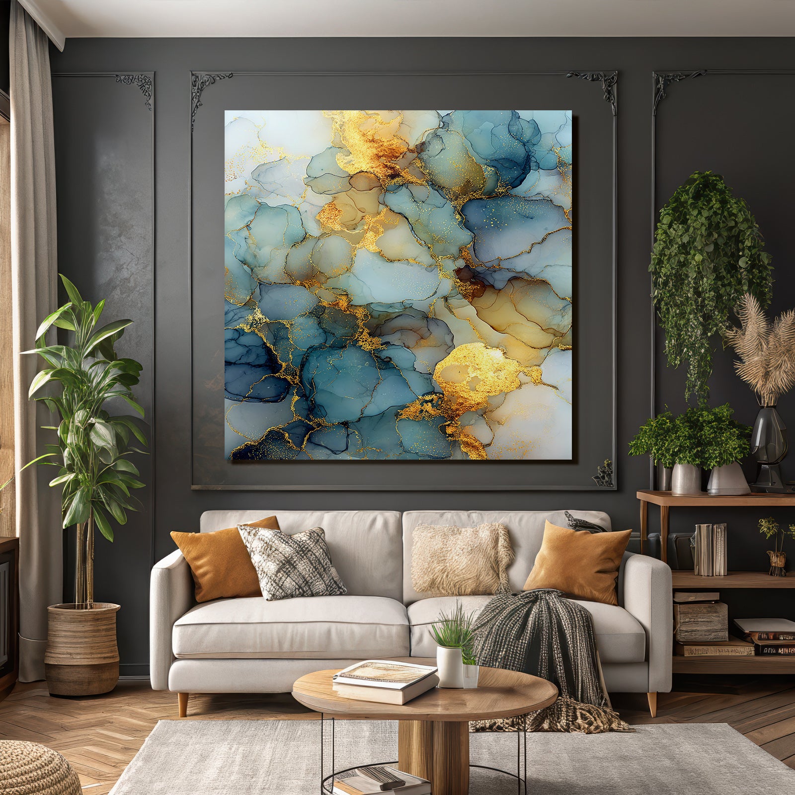 Fluide Kunst Mit Blau Goldenen Akzenten