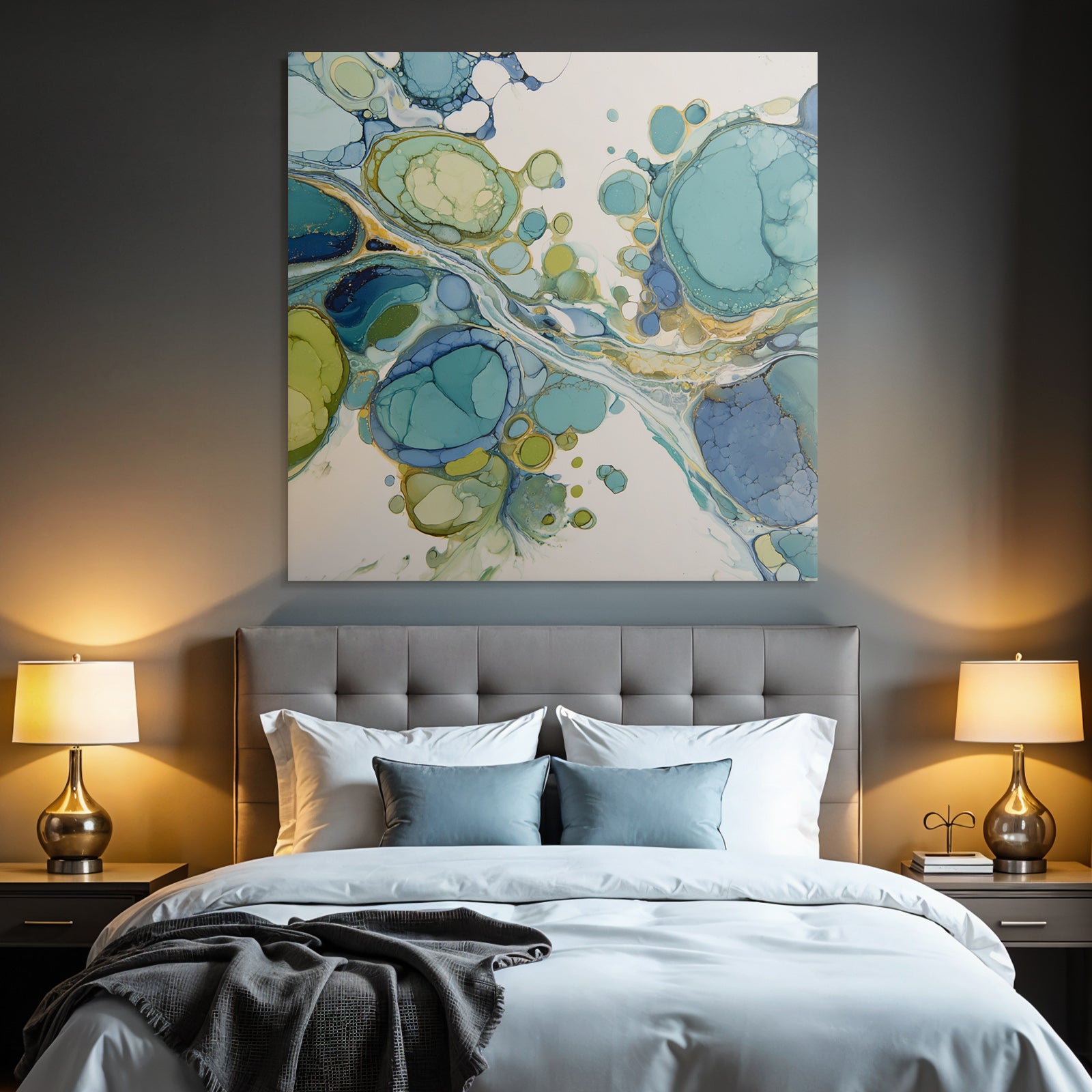 Fluides Kunstwerk Mit Kreisformen Und Mustern In Blau Grün Und Gold