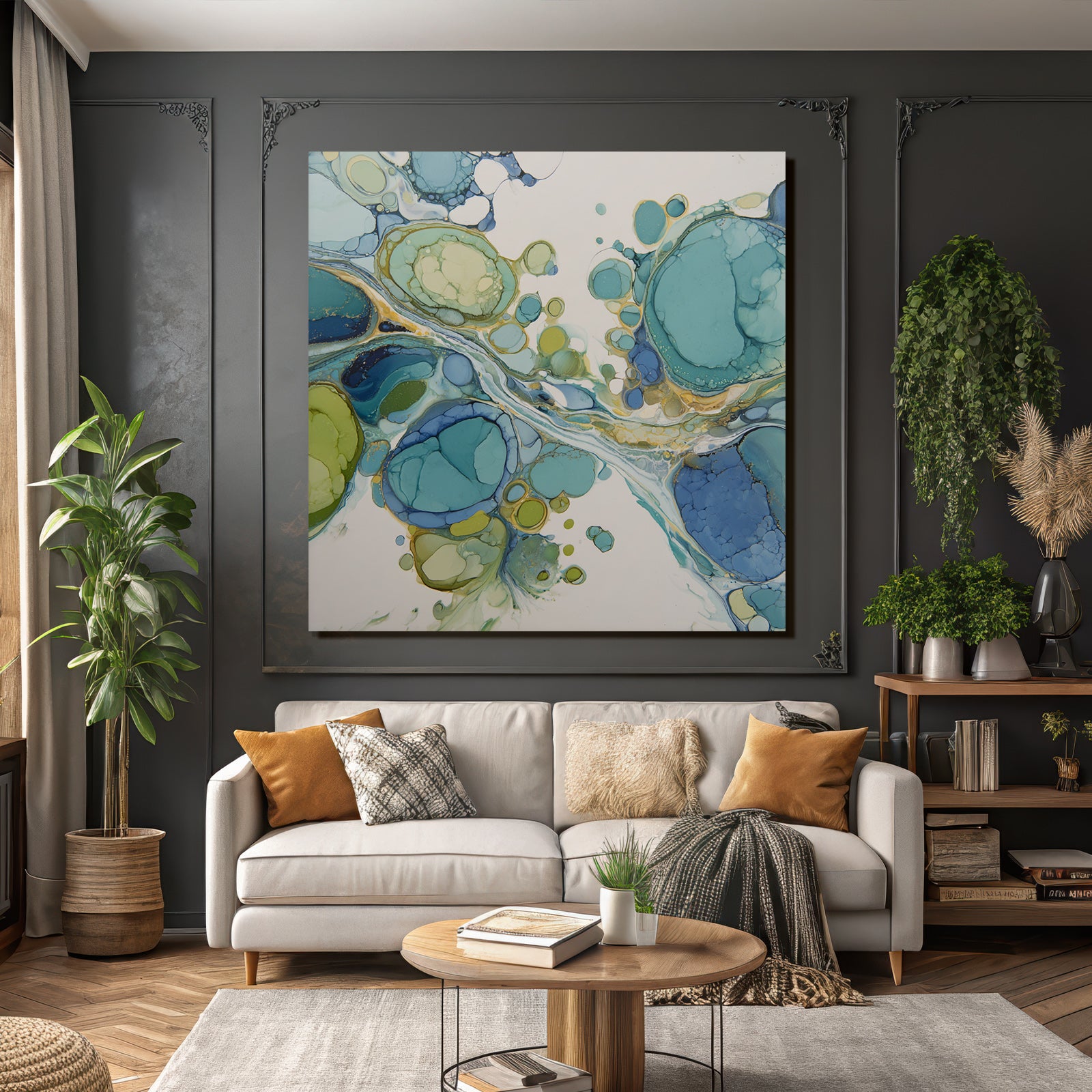 Fluides Kunstwerk Mit Kreisformen Und Mustern In Blau Grün Und Gold