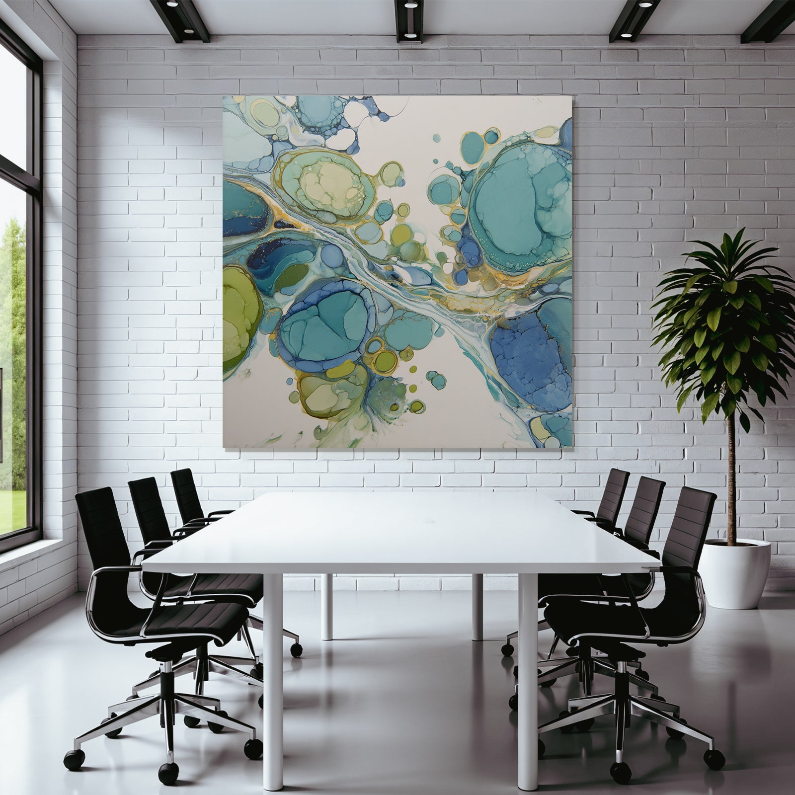 Fluides Kunstwerk Mit Kreisformen Und Mustern In Blau Grün Und Gold