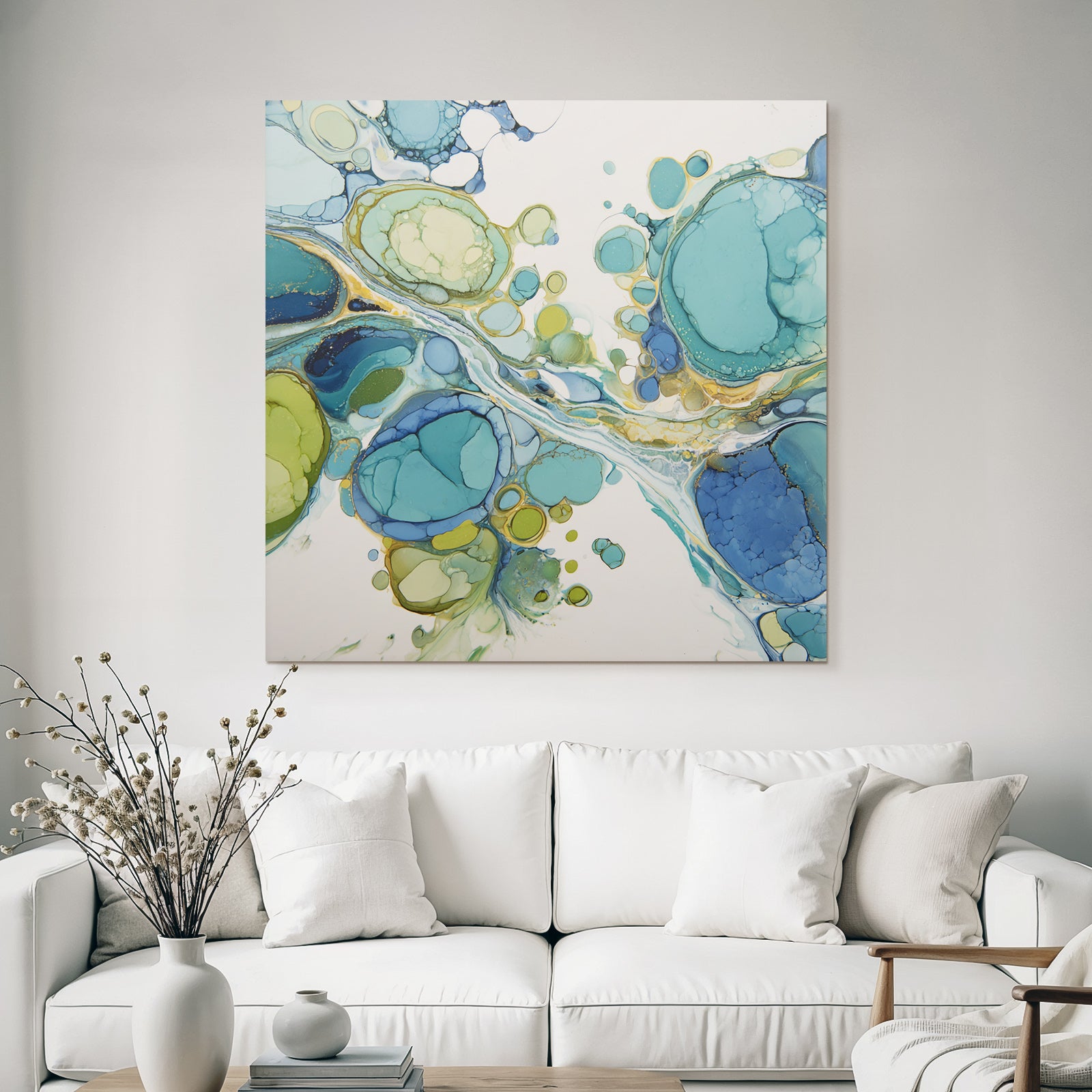 Fluides Kunstwerk Mit Kreisformen Und Mustern In Blau Grün Und Gold