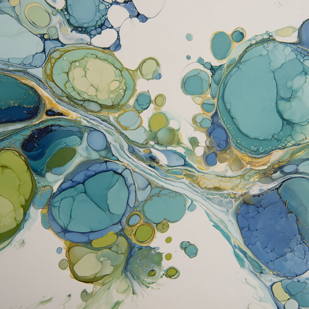 Fluides Kunstwerk Mit Kreisformen Und Mustern In Blau Grün Und Gold | Abstrakt | Stilrichtungen