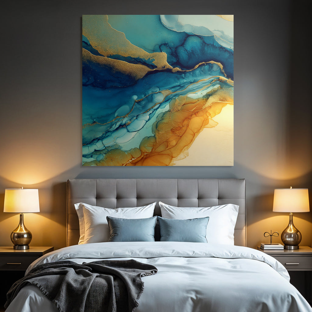 Fluidkunst Mit Blau Türkis Orange Und Goldakzenten