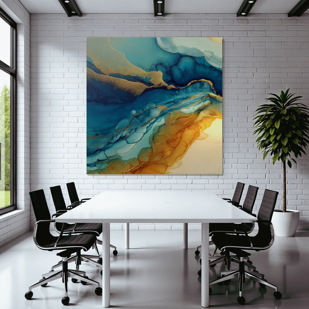 Fluidkunst Mit Blau Türkis Orange Und Goldakzenten