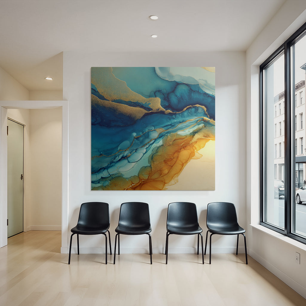 Fluidkunst Mit Blau Türkis Orange Und Goldakzenten