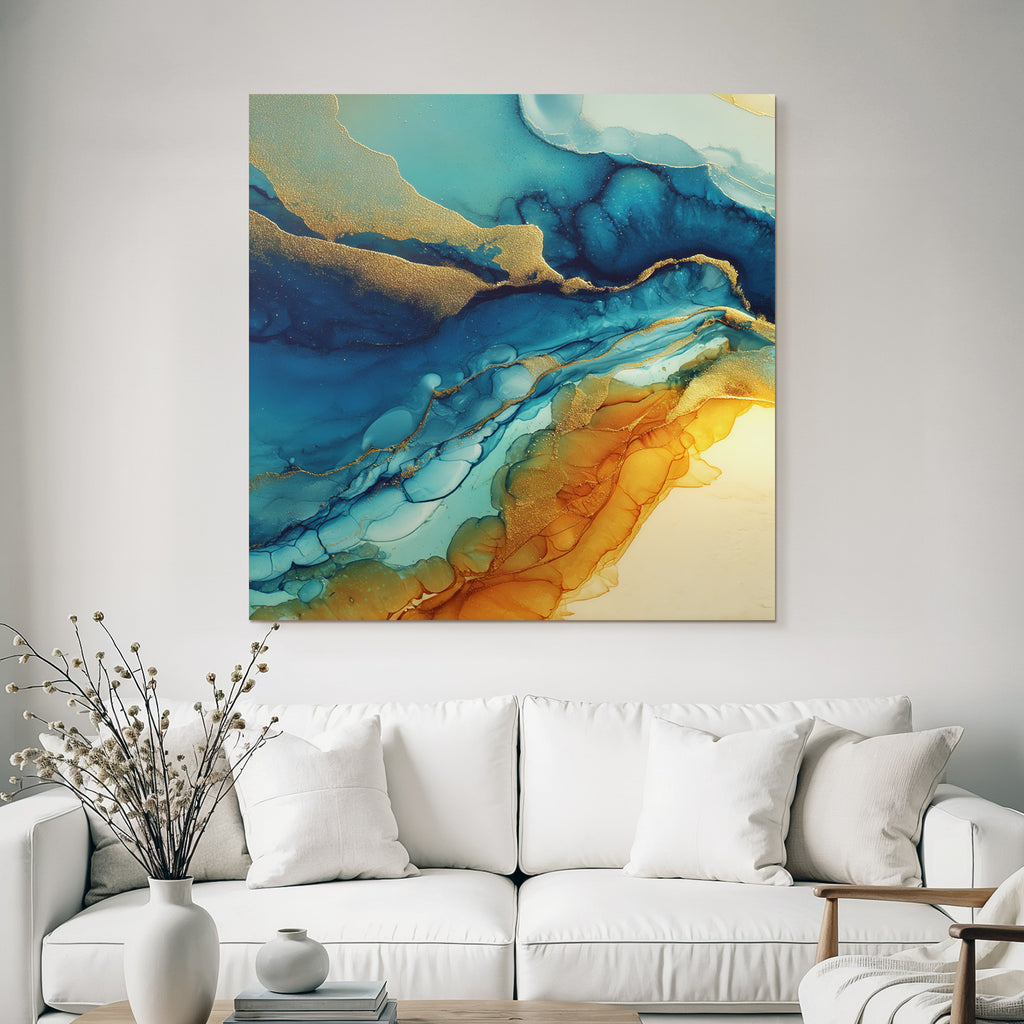 Fluidkunst Mit Blau Türkis Orange Und Goldakzenten