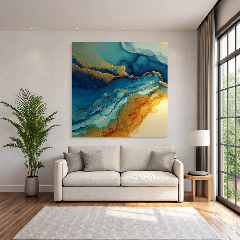 Fluidkunst Mit Blau Türkis Orange Und Goldakzenten