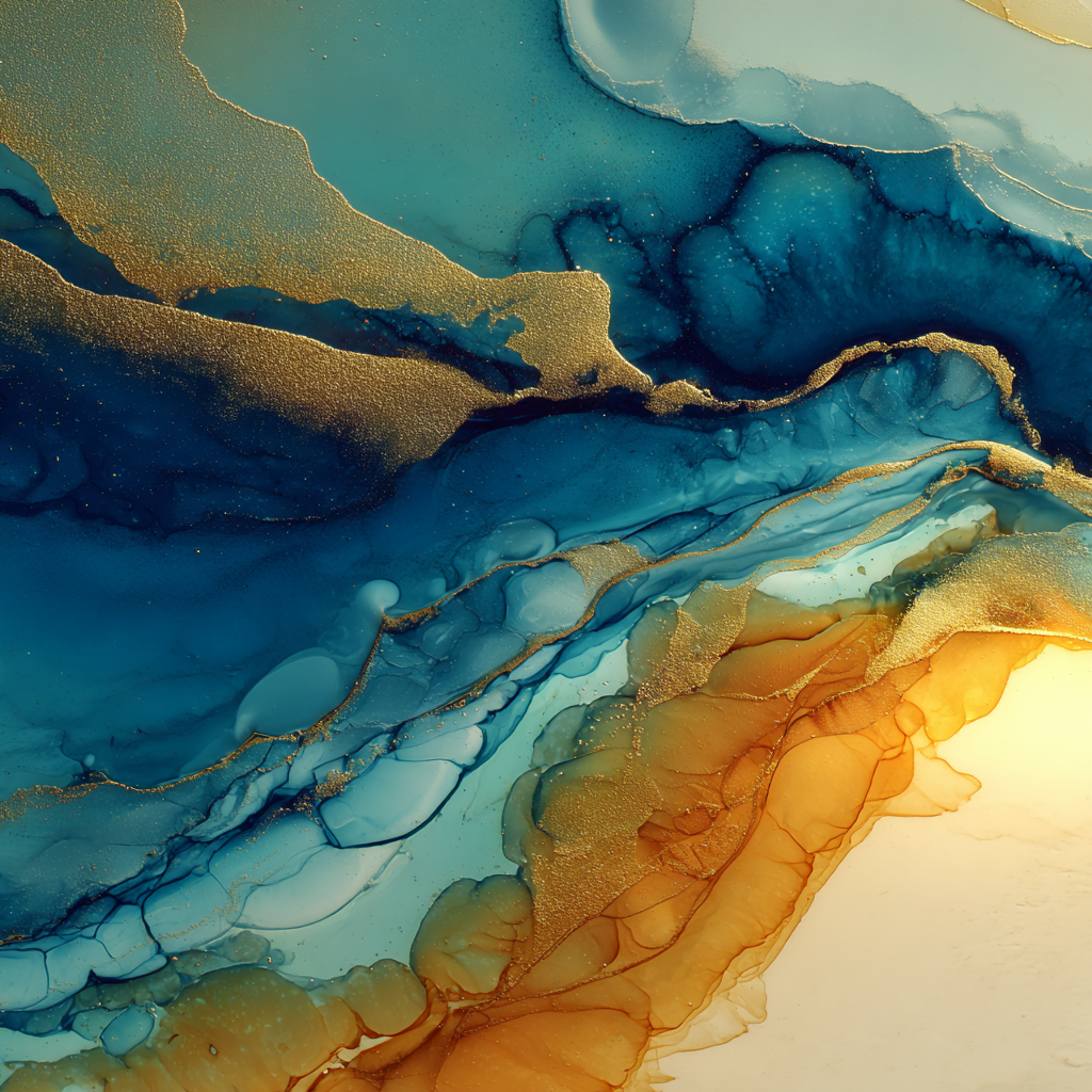 Fluidkunst Mit Blau Türkis Orange Und Goldakzenten | Abstrakt | Stilrichtungen