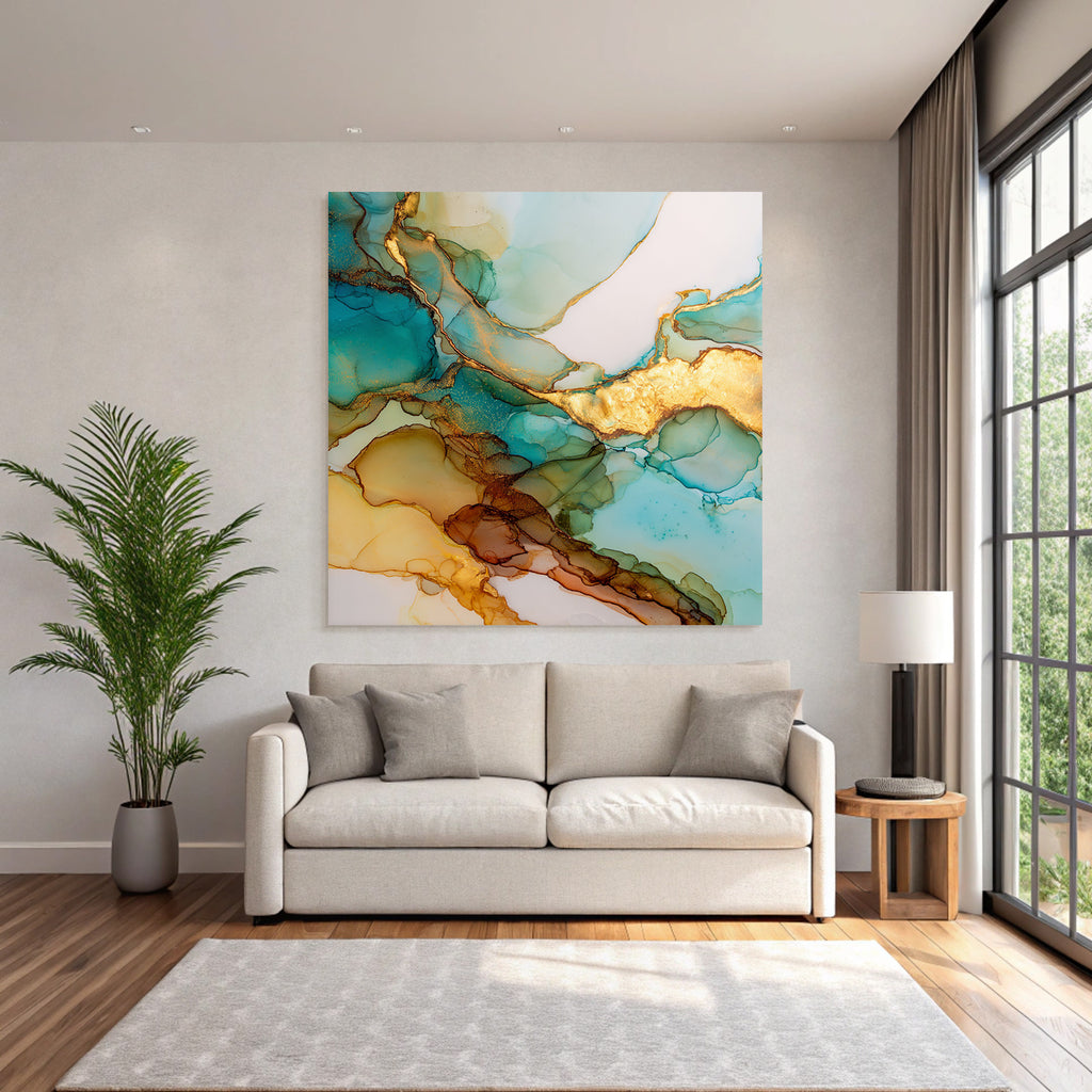 Paintings in blue, turquoise, gold, and earth tones