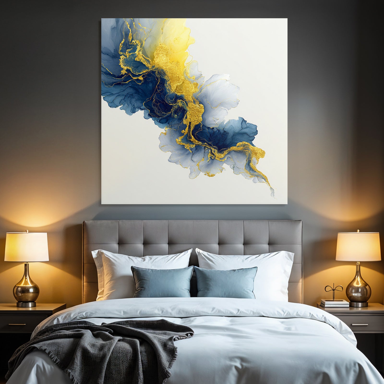 Kunst Blaü Weisse Goldene Akzente