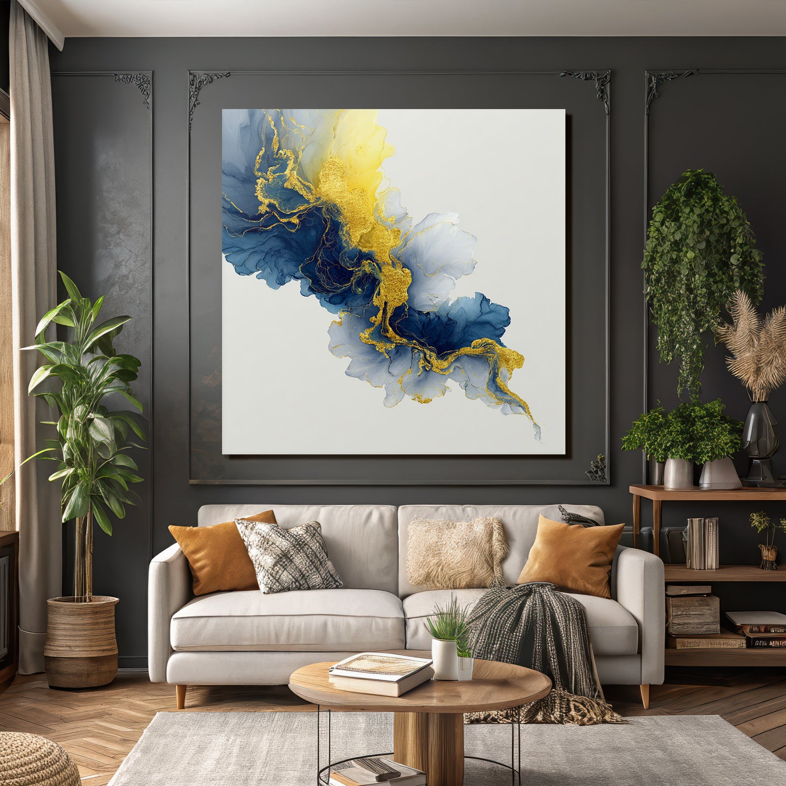 Kunst Blaü Weisse Goldene Akzente
