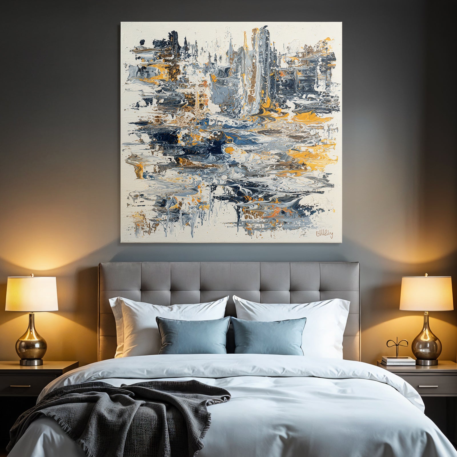 Kunstwerk Blaü Graü Orange Wirbel